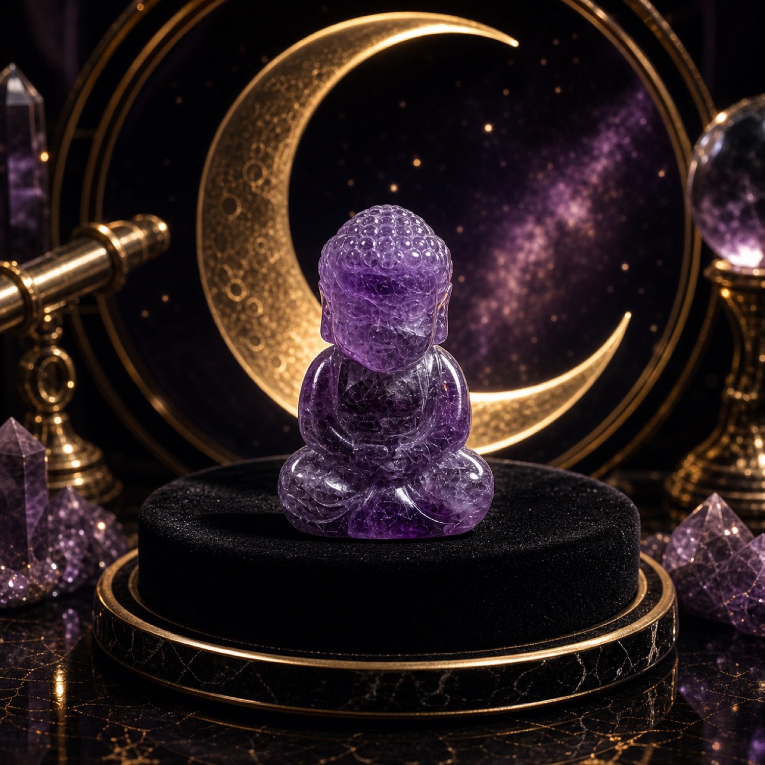 Amethyst meditation figure under a gold crescent moon