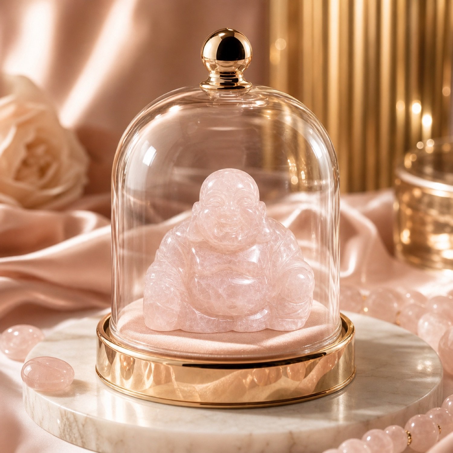 Rose quartz figure under a glass dome on pink silk