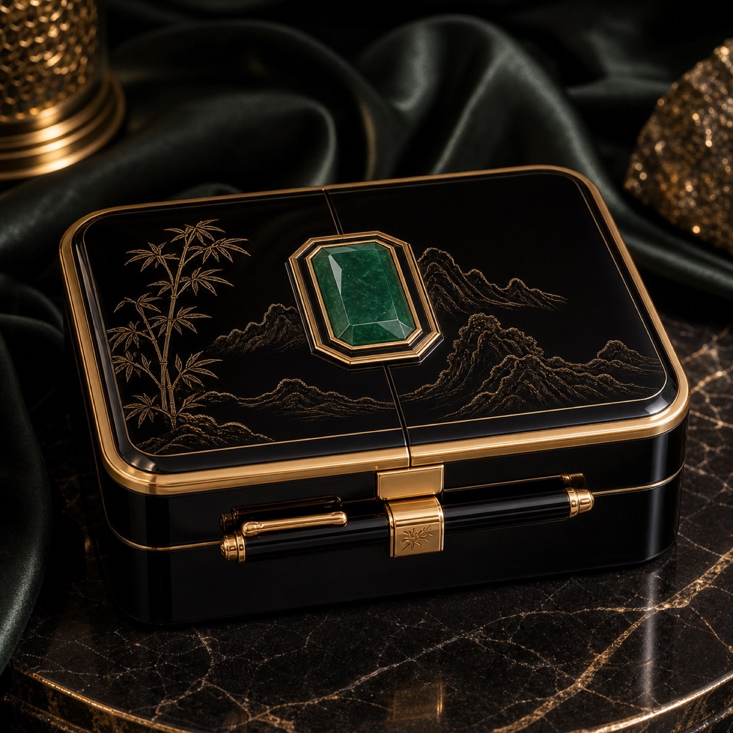 Black and gold lacquer gift box with emerald cabochon