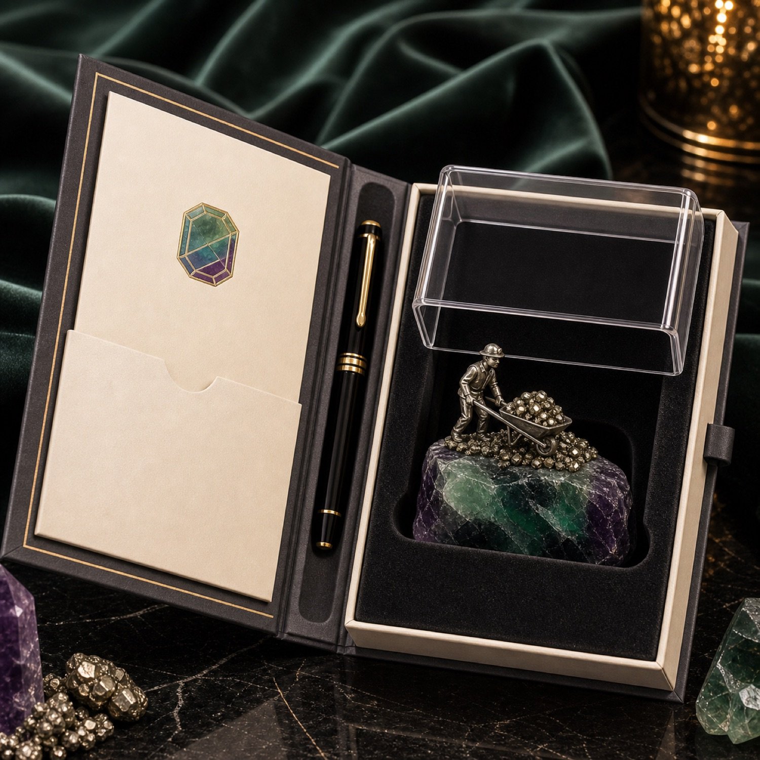 Gemstone pen in a folio with a fluorite stone