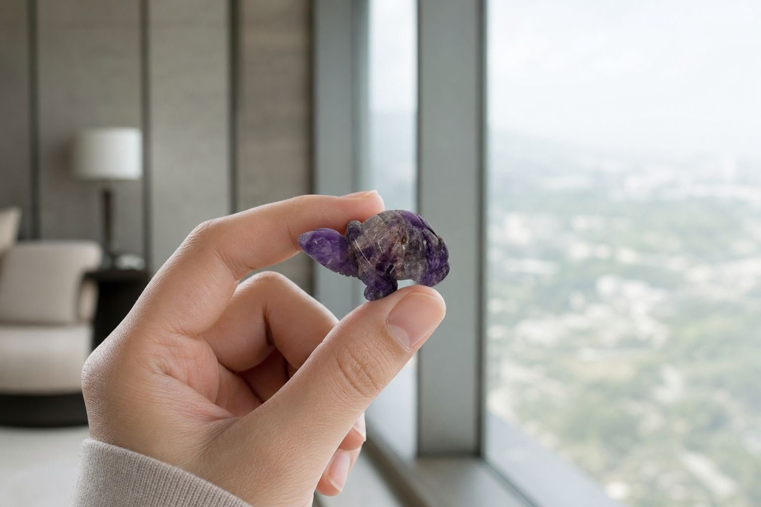 Amethyst Turtle, hand-carved gemstone sculpture in natural amethyst, alternate view