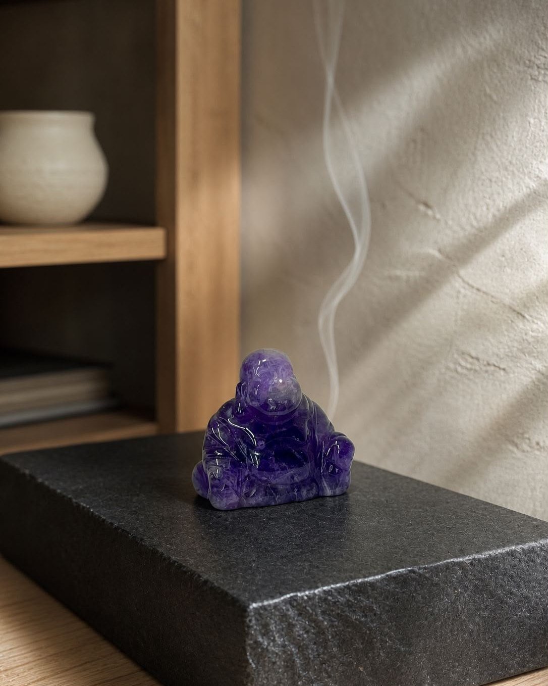 Amethyst Buddha, hand-carved gemstone sculpture in natural amethyst, alternate view