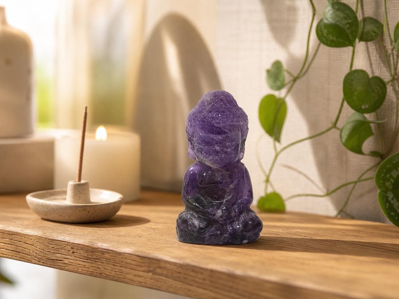 Petite Amethyst Buddha, hand-carved gemstone sculpture in natural amethyst