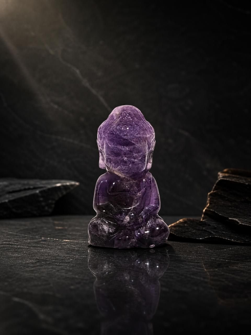 Petite Amethyst Buddha, hand-carved gemstone sculpture in natural amethyst, alternate view