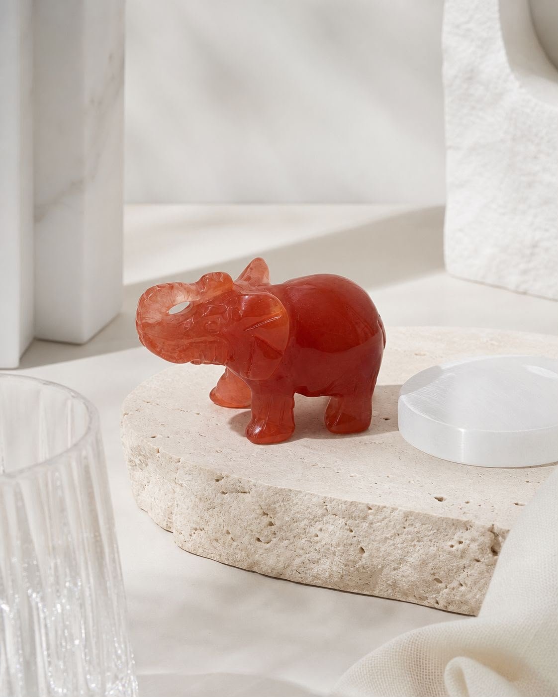 Carnelian Elephant, hand-carved gemstone sculpture in natural carnelian