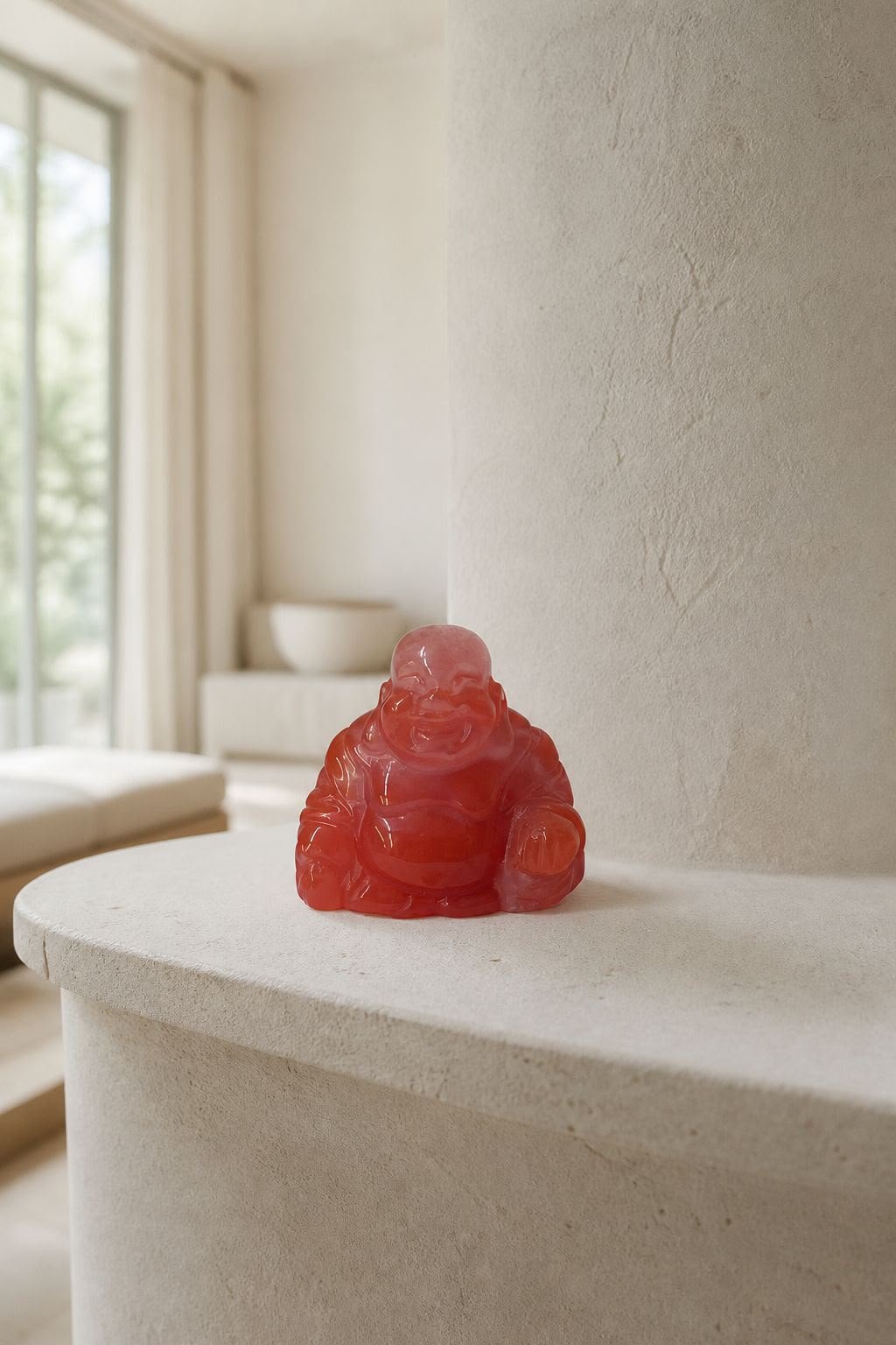 Carnelian Buddha, hand-carved gemstone sculpture in natural carnelian