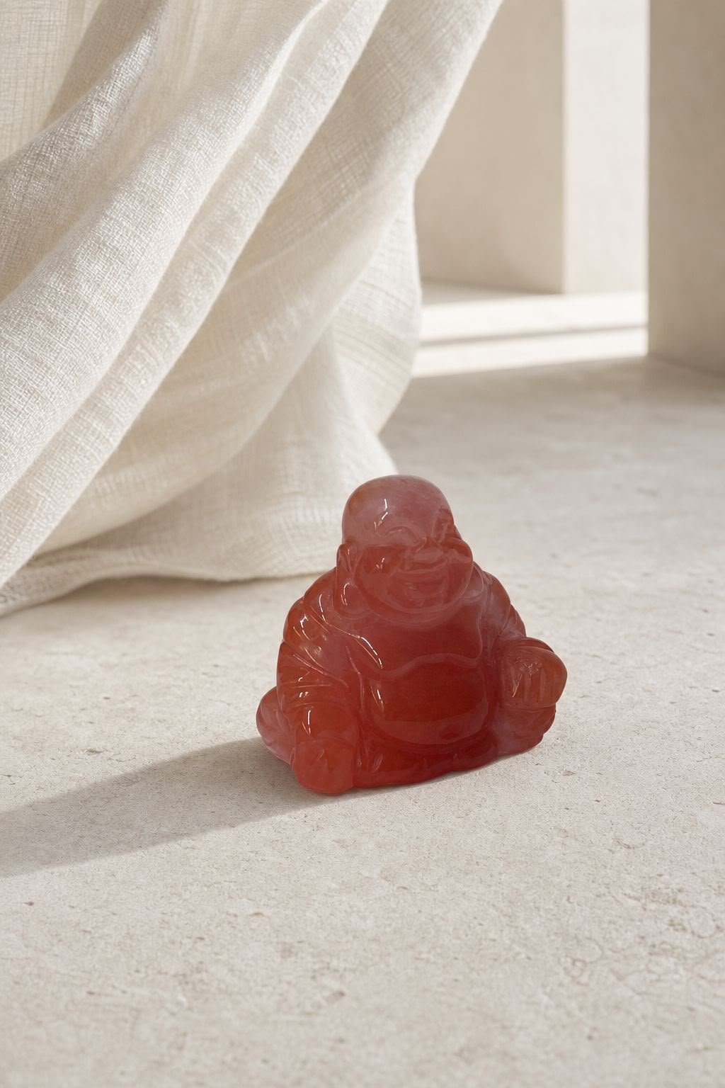 Carnelian Buddha, hand-carved gemstone sculpture in natural carnelian, alternate view