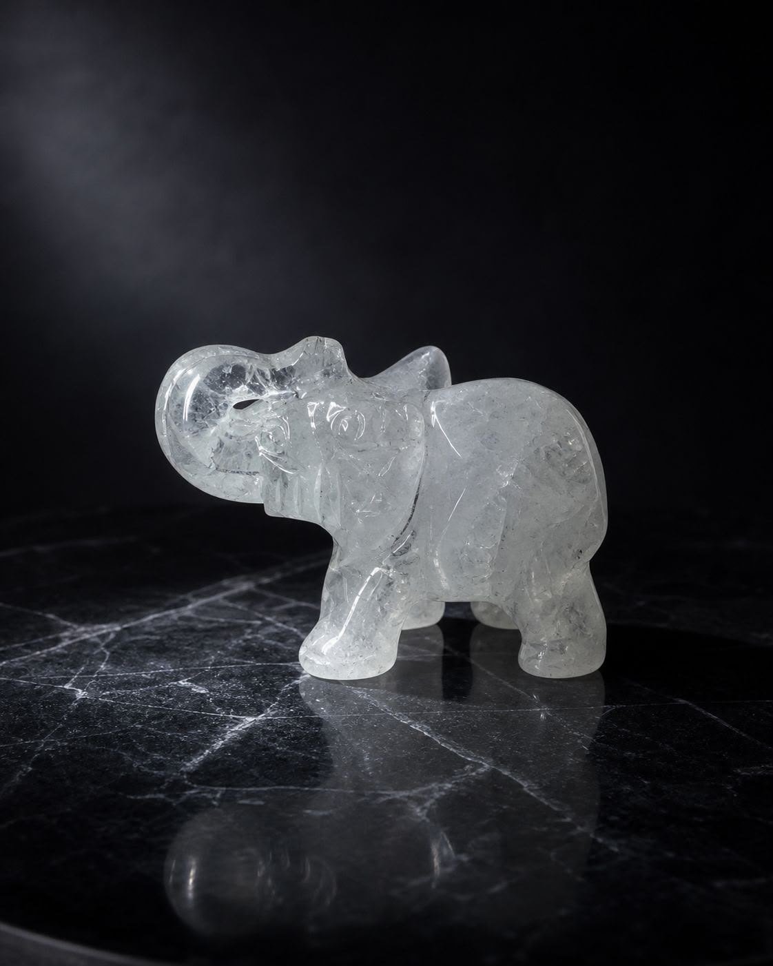 Clear Quartz Elephant, hand-carved gemstone sculpture in natural clear quartz