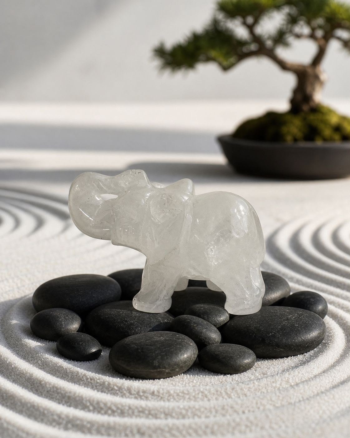Clear Quartz Elephant, hand-carved gemstone sculpture in natural clear quartz, alternate view
