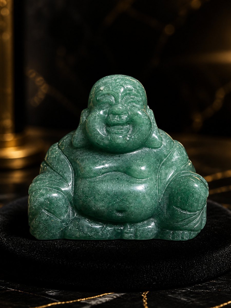 Green Aventurine Buddha, hand-carved gemstone sculpture in natural green aventurine