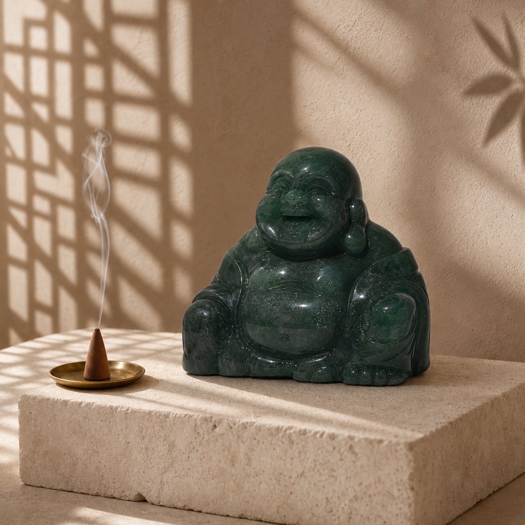 Green Aventurine Buddha, hand-carved gemstone sculpture in natural green aventurine, alternate view