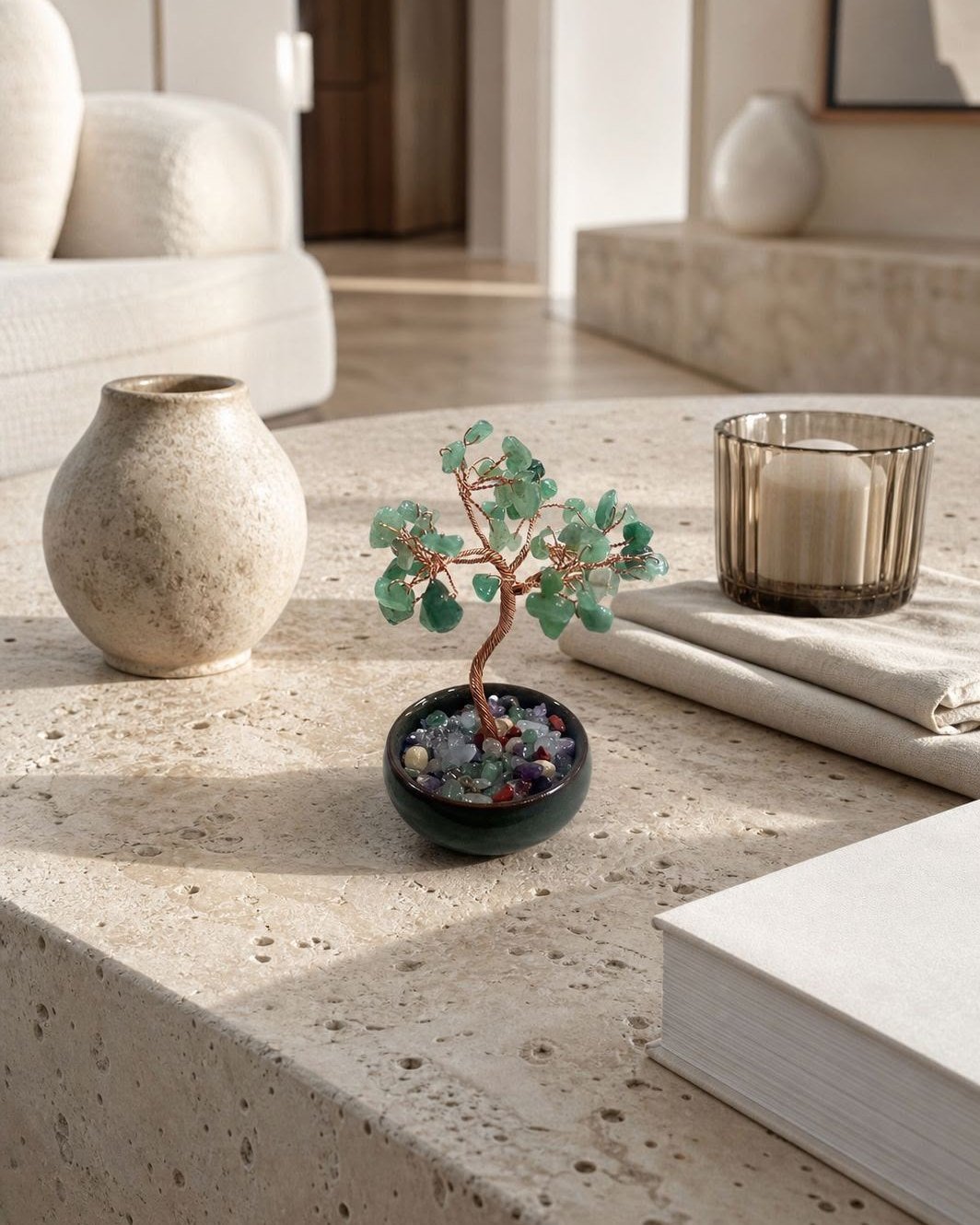 Green Aventurine Tree, hand-wired crystal tree in natural green aventurine, alternate view