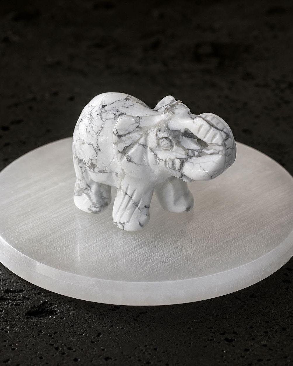 White Howlite Elephant, hand-carved gemstone sculpture in natural white howlite