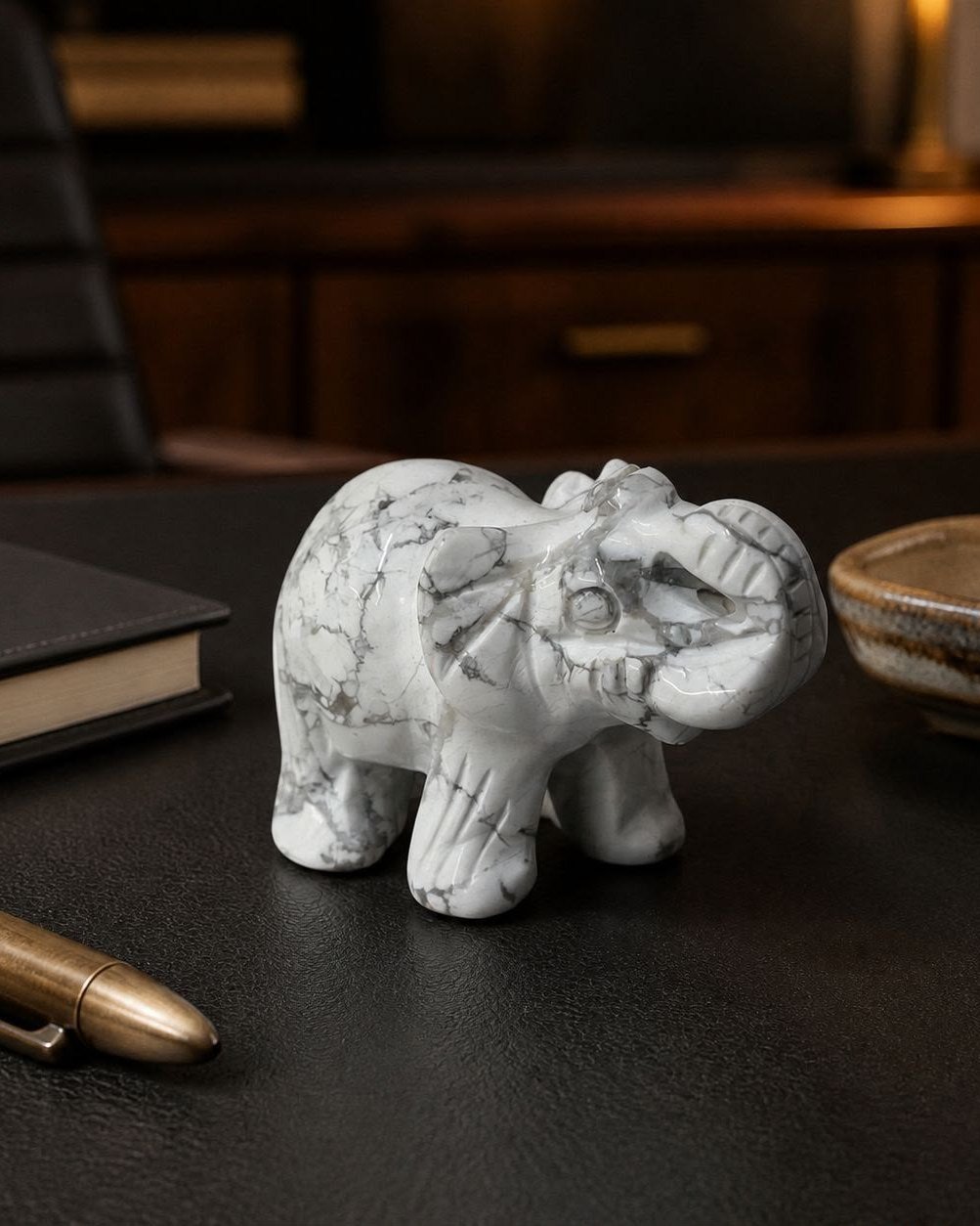 White Howlite Elephant, hand-carved gemstone sculpture in natural white howlite, alternate view