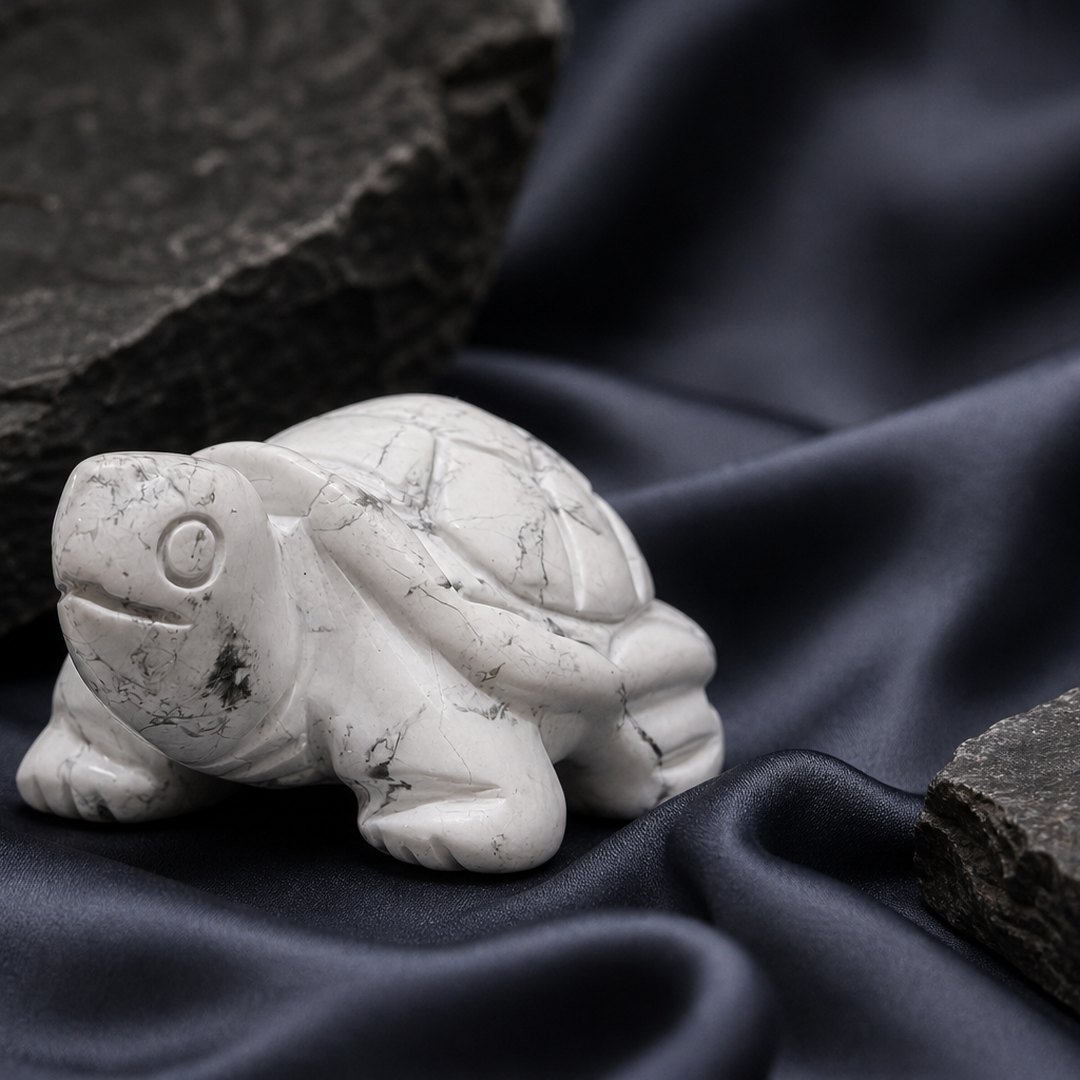 White Howlite Turtle, hand-carved gemstone sculpture in natural white howlite, alternate view