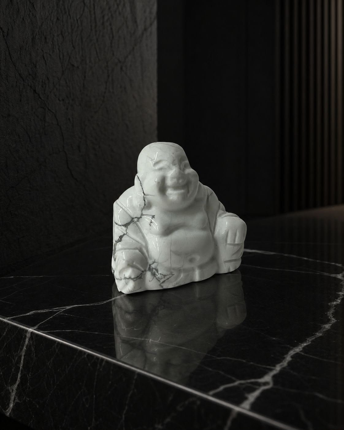 White Howlite Buddha, hand-carved gemstone sculpture in natural white howlite