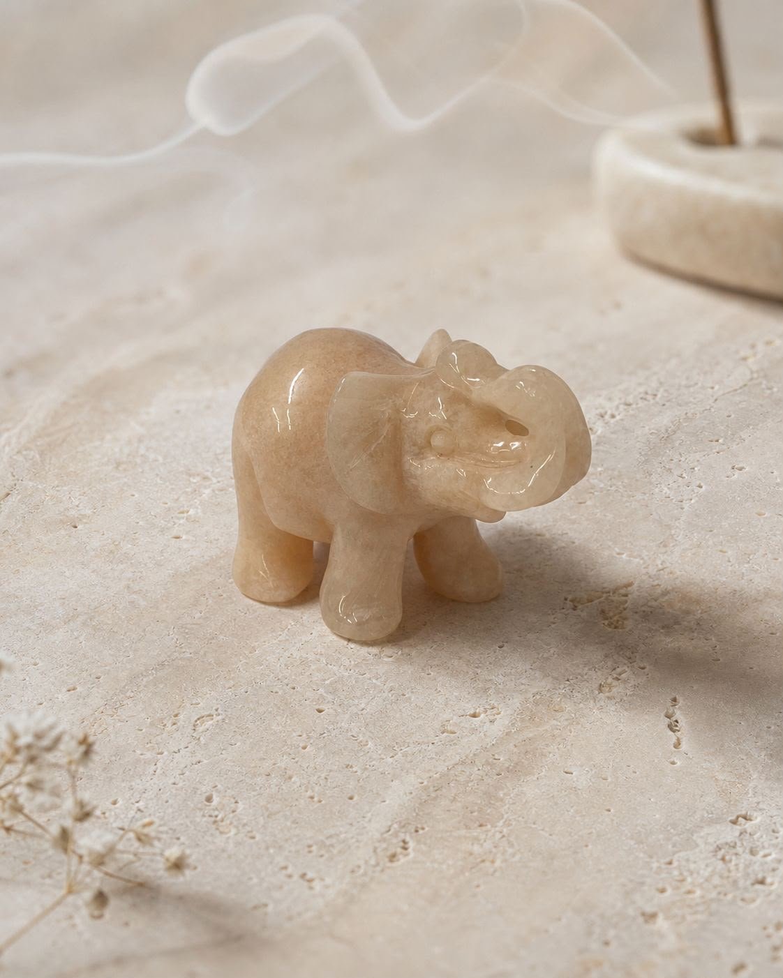 Peach Moonstone Elephant, hand-carved gemstone sculpture in natural peach moonstone