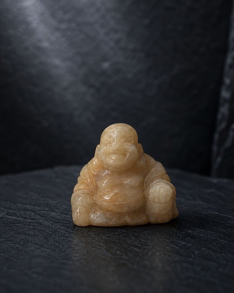 Peach Moonstone Buddha, hand-carved gemstone sculpture in natural peach moonstone