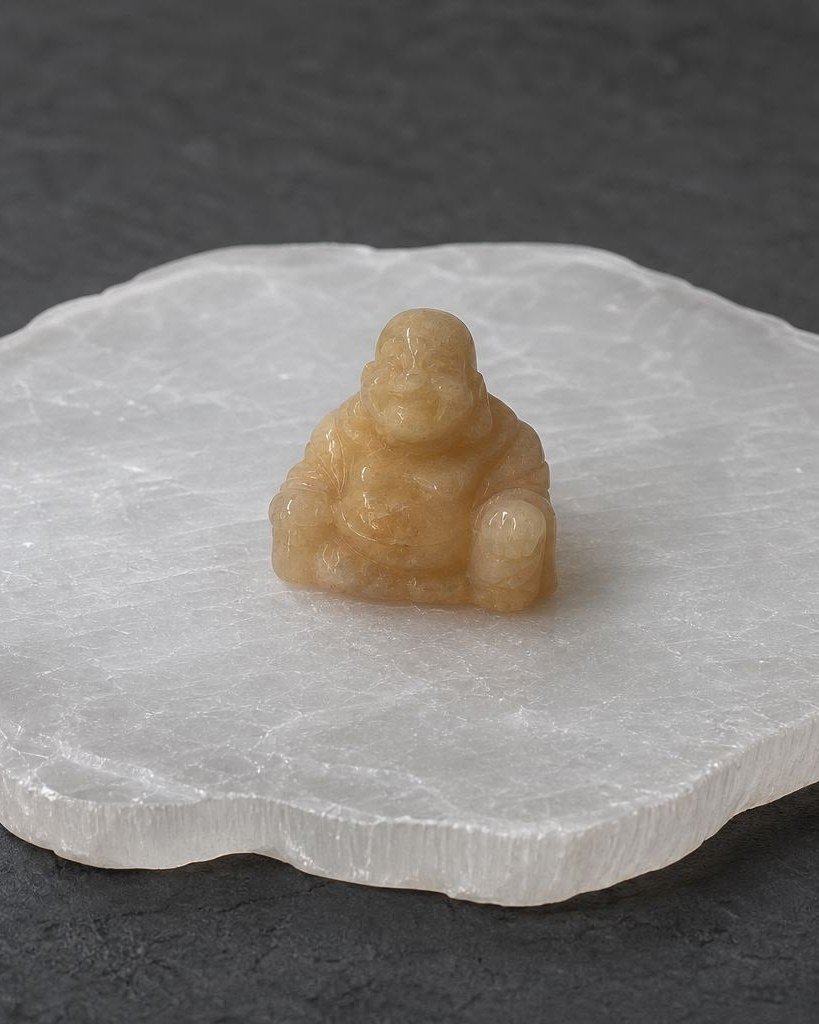 Peach Moonstone Buddha, hand-carved gemstone sculpture in natural peach moonstone, alternate view