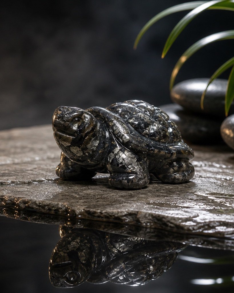 Golden Pyrite Turtle, hand-carved gemstone sculpture in natural golden pyrite, alternate view
