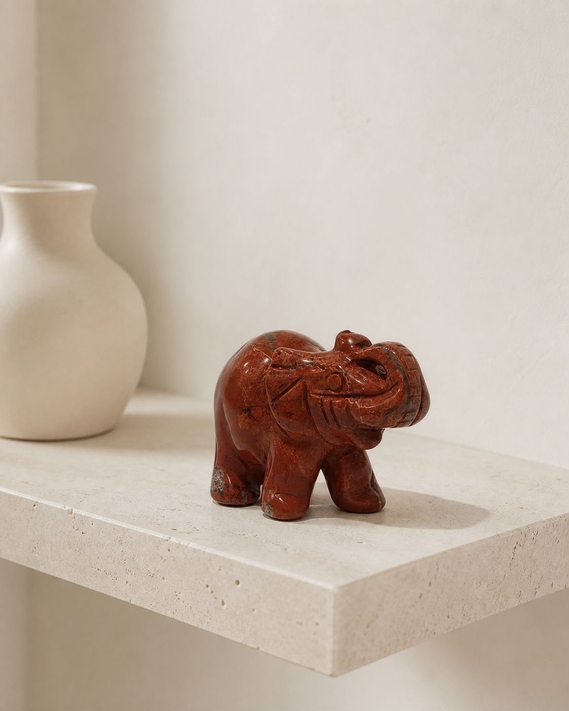 Red Jasper Elephant, hand-carved gemstone sculpture in natural red jasper, alternate view