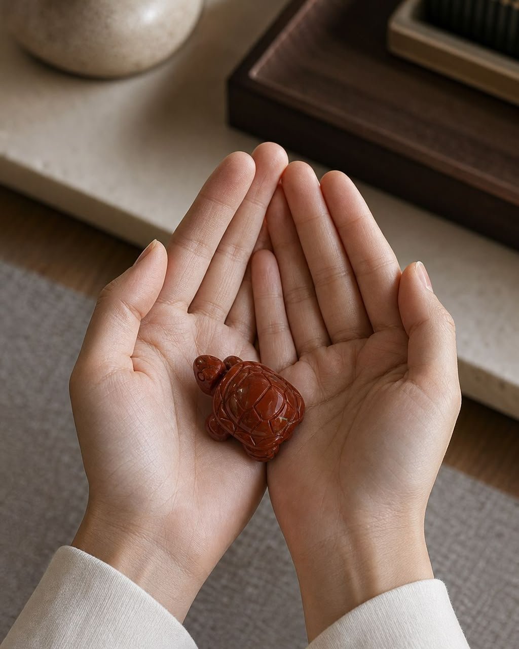 Red Jasper Turtle, hand-carved gemstone sculpture in natural red jasper, alternate view