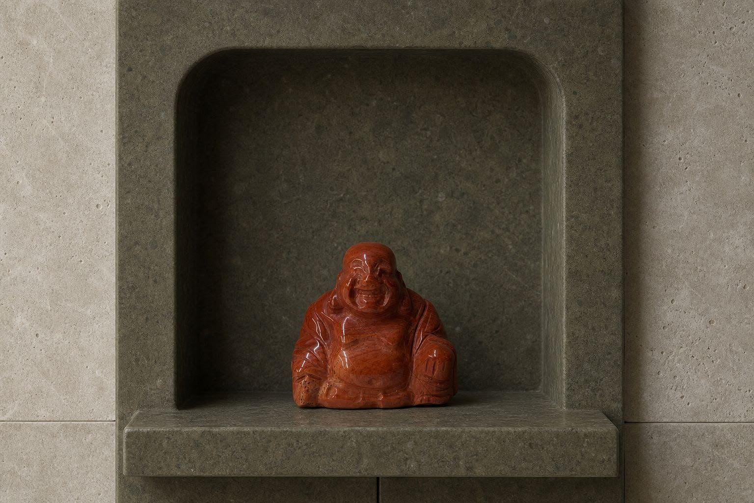 Red Jasper Buddha, hand-carved gemstone sculpture in natural red jasper