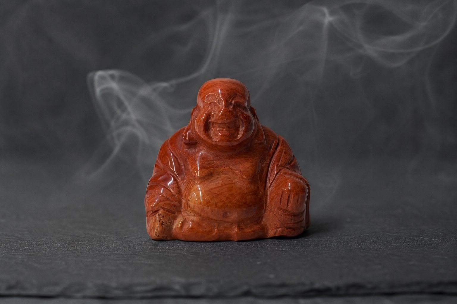 Red Jasper Buddha, hand-carved gemstone sculpture in natural red jasper, alternate view