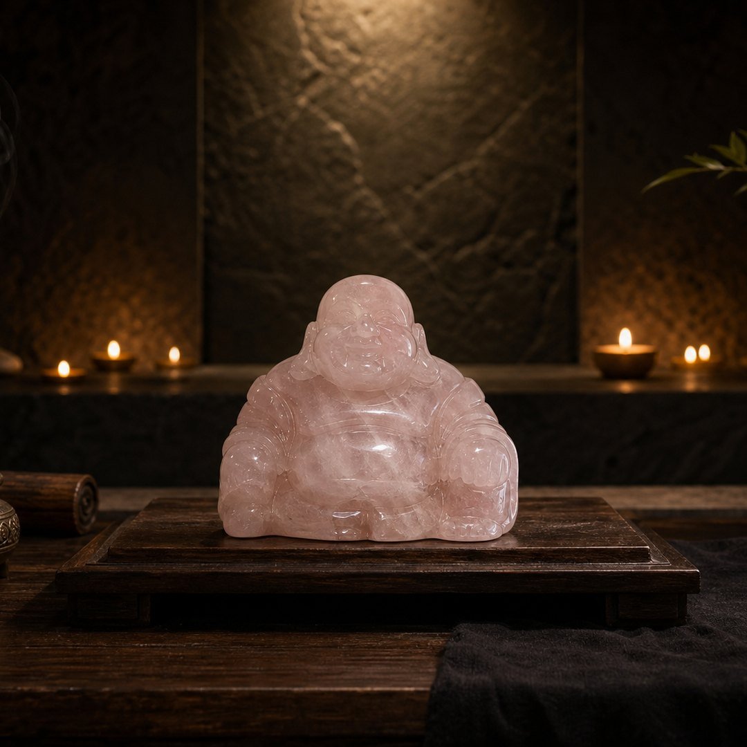 Rose Quartz Buddha, hand-carved gemstone sculpture in natural rose quartz, alternate view