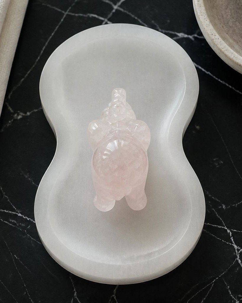 Rose Quartz Elephant, hand-carved gemstone sculpture in natural rose quartz, alternate view