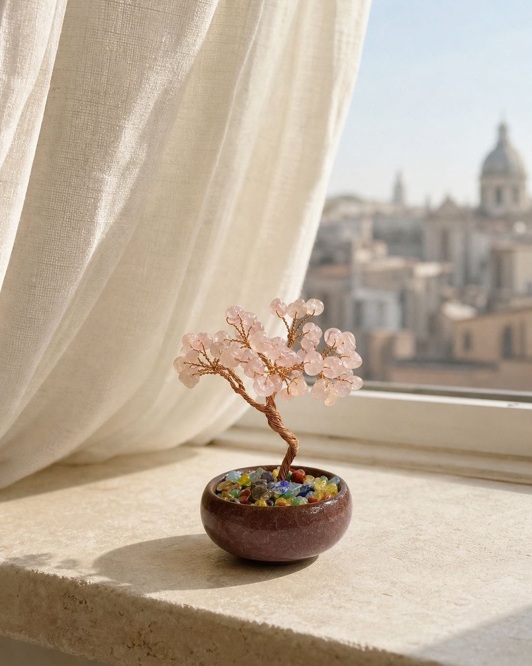Rose Quartz Tree, hand-wired crystal tree in natural rose quartz, alternate view