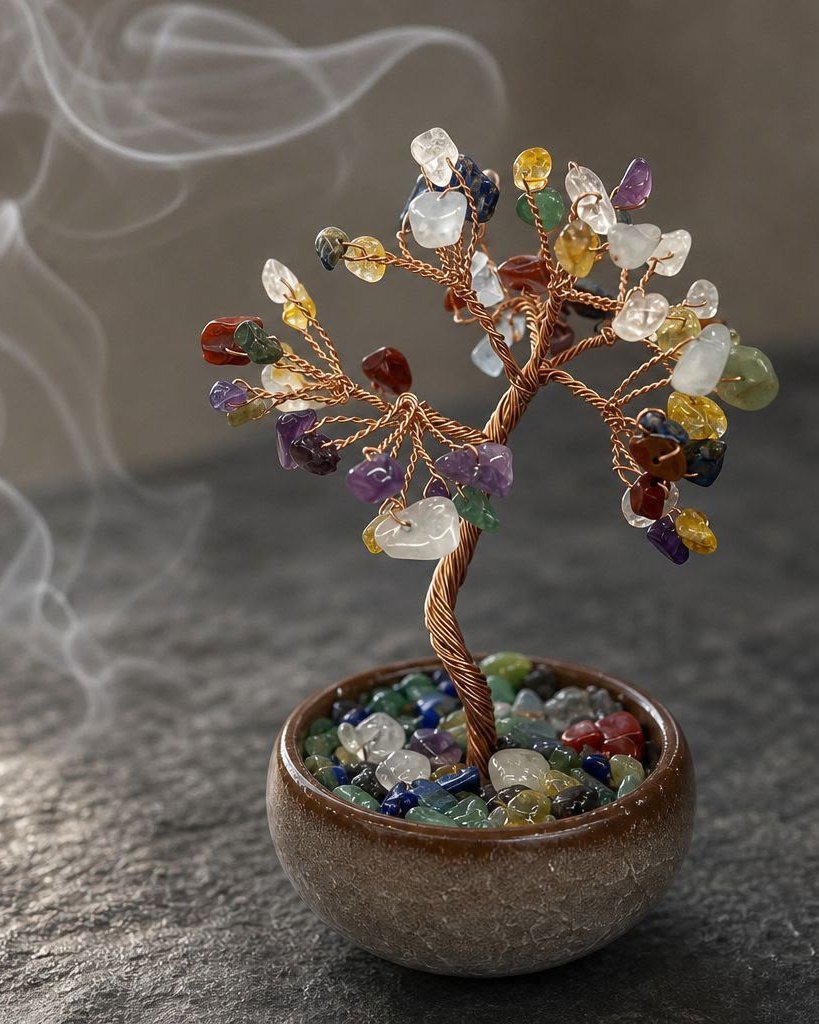 Seven Chakra Tree, hand-wired crystal tree in natural seven chakra stone, alternate view