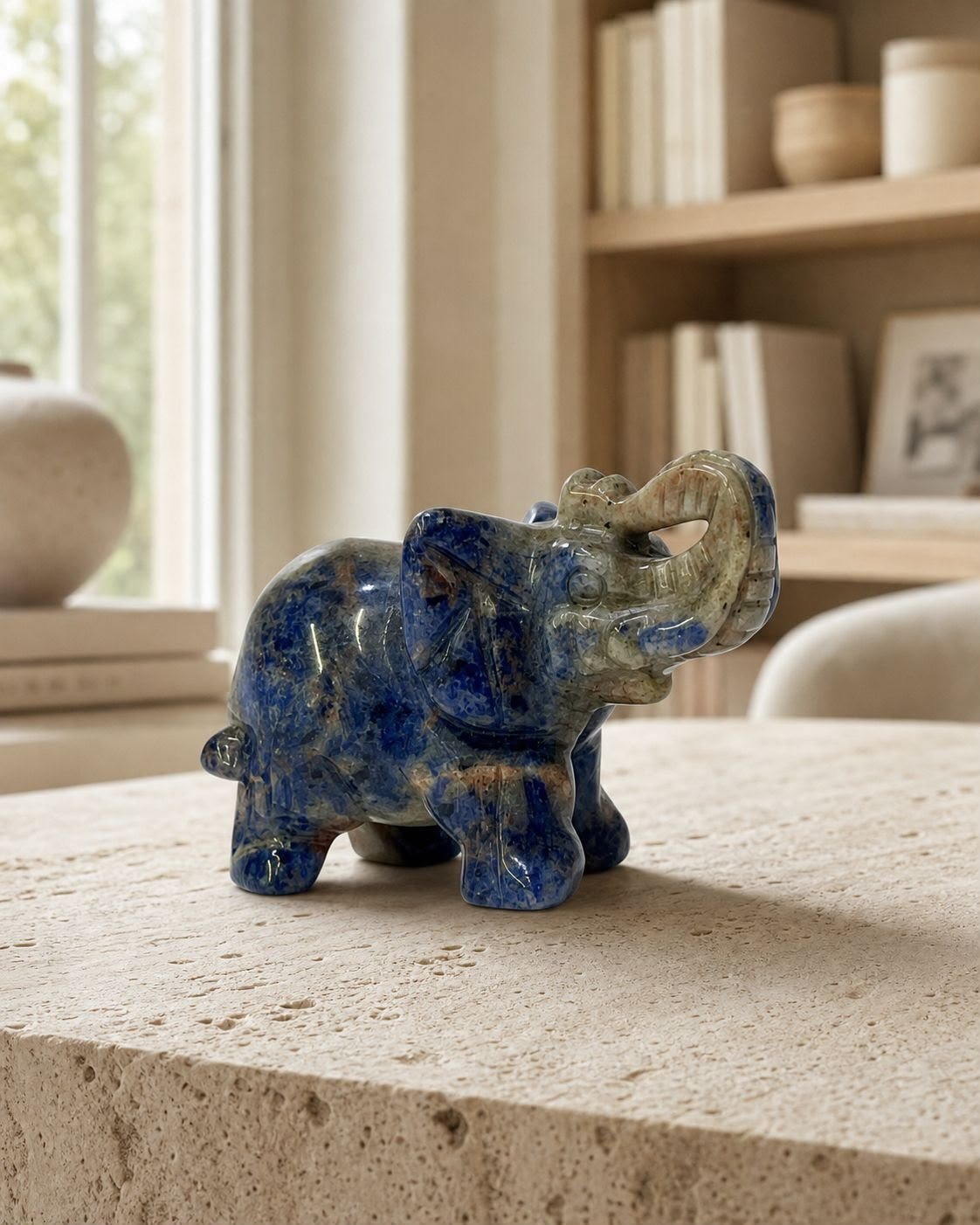Sodalite Elephant, hand-carved gemstone sculpture in natural sodalite