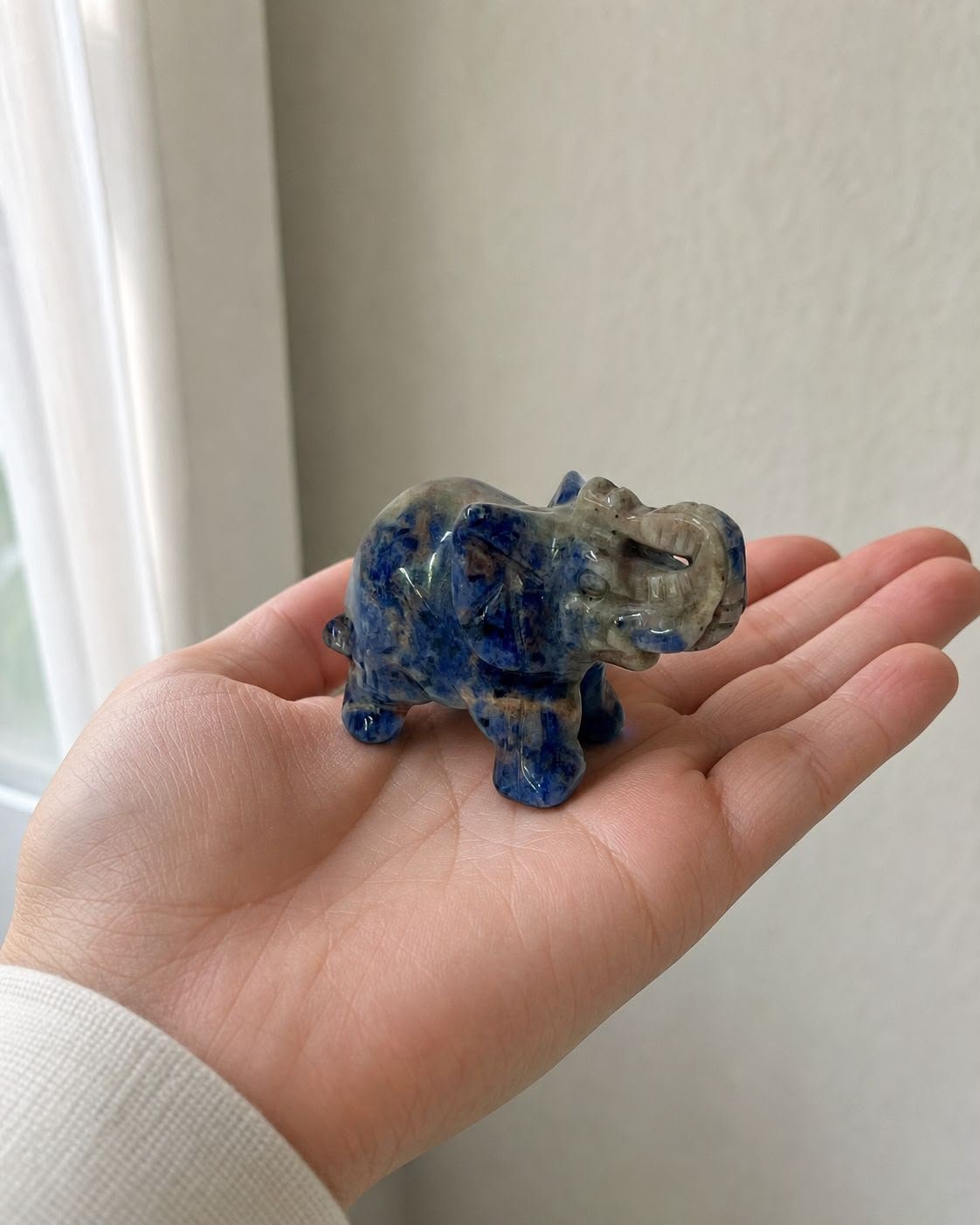 Sodalite Elephant, hand-carved gemstone sculpture in natural sodalite, alternate view