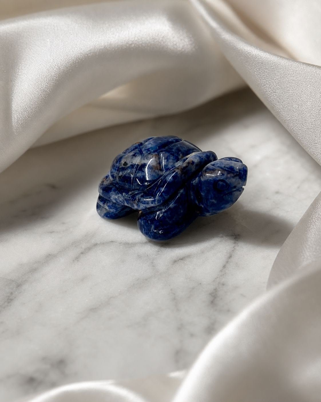 Sodalite Turtle, hand-carved gemstone sculpture in natural sodalite