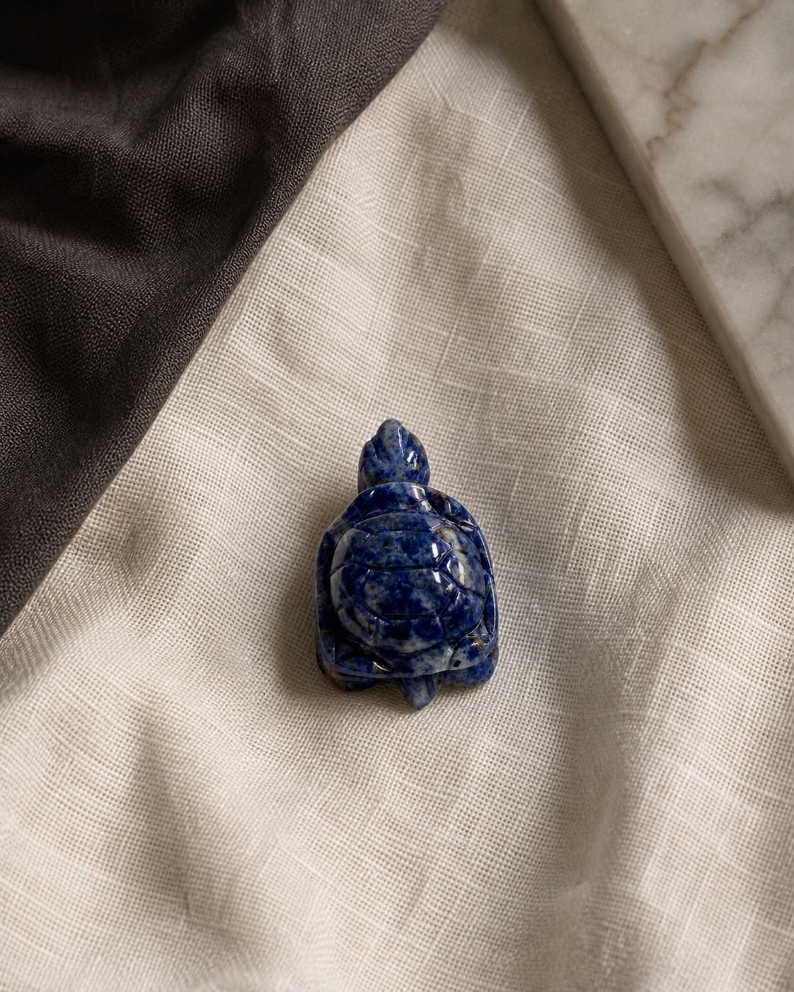 Sodalite Turtle, hand-carved gemstone sculpture in natural sodalite, alternate view