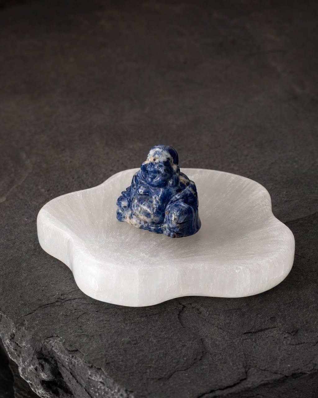 Sodalite Buddha, hand-carved gemstone sculpture in natural sodalite