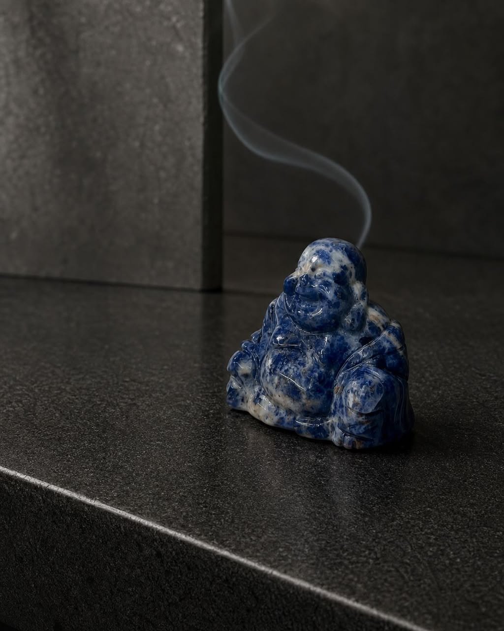Sodalite Buddha, hand-carved gemstone sculpture in natural sodalite, alternate view