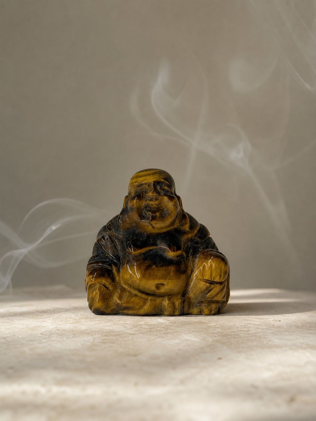 Brown Tiger Eye Buddha, hand-carved gemstone sculpture in natural brown tiger eye
