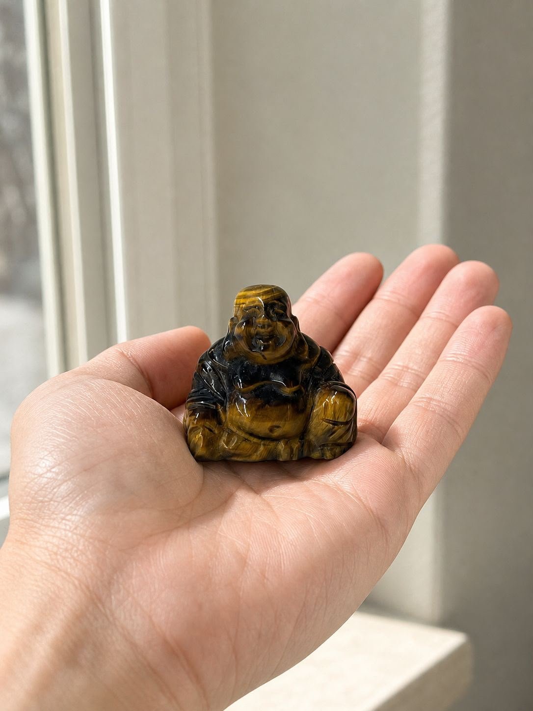 Brown Tiger Eye Buddha, hand-carved gemstone sculpture in natural brown tiger eye, alternate view